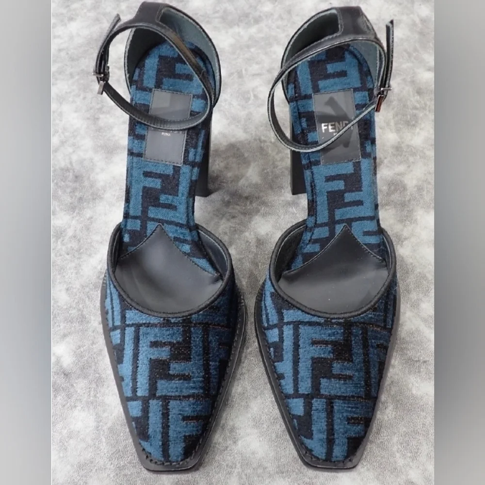 Fendi  FF Chenille Velvet D'Orsey Pumps Black and Blue Patterned Heels - Picture 2 of 5